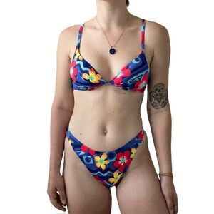 Vintage 80s Womens High Cut High Waist Floral Tropical Bikini Swimsuit Set Sz S